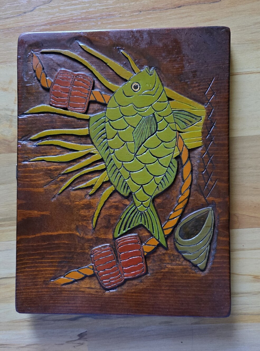 Hand-Carved Fish Wall Art - Green and Orange Retro Plaque
